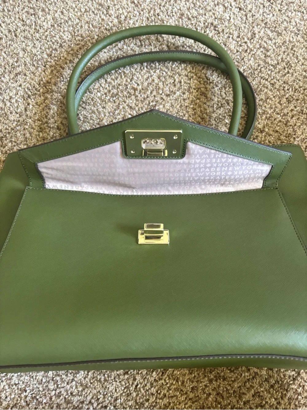 Kate Spade Olive Green Leather Tote Bag with Turn-Lock